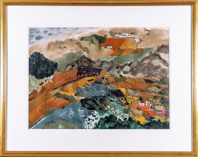 a framed landscape watercolor painting in cool autumnal tones, by artist Heidi Whitman